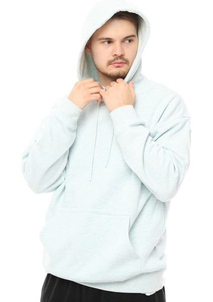 Erkek Oversize Kapüşonlu Sweatshirt Mavi Melanj