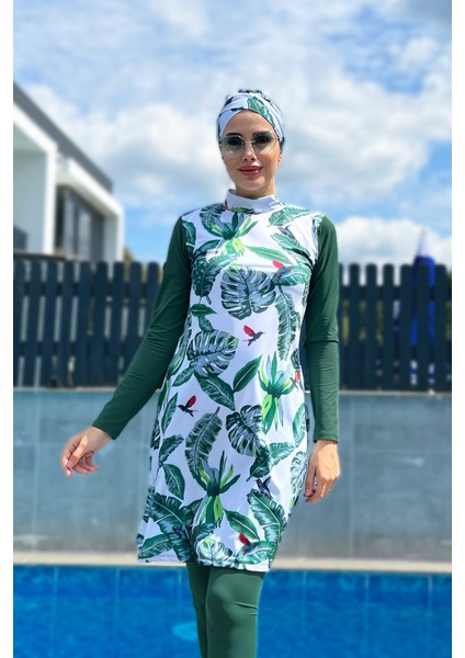 Tasarım Tam Kapalı Tesettür Mayo Remsa Mayo Yeşil Yapraklar