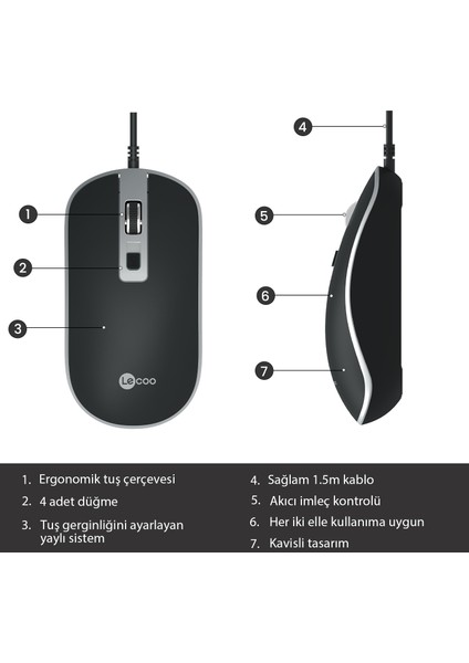 Lenovo Lecoo MS104 USB Kablolu 1600DPI 4 Tuşlu Optik Mouse Siyah