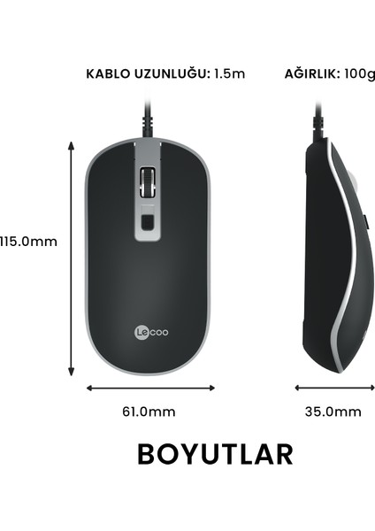 Lenovo Lecoo MS104 USB Kablolu 1600DPI 4 Tuşlu Optik Mouse Siyah