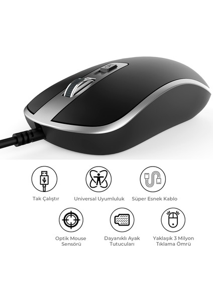 Lenovo Lecoo MS104 USB Kablolu 1600DPI 4 Tuşlu Optik Mouse Siyah