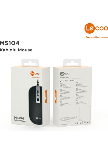 Lenovo Lecoo MS104 USB Kablolu 1600DPI 4 Tuşlu Optik Mouse Siyah