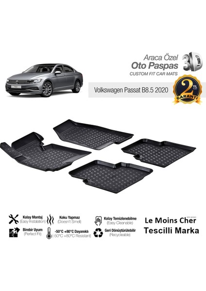 Volkswagen Passat B8 2015 Sonrası Paspas Siyah 3D Havuzlu Tam Uyumlu