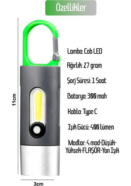 4 Modlu Şarjlı El Feneri Cob LED USB Kamp Outdoor Avcılık Lambası Kancalı 400 Lümen 3W