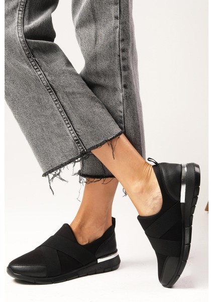 Leni Siyah Renk Likra Kumaş Streç Kadın Günlük Rahat Spor Sneaker Ayakkabı Anne Ayakkabısı fiyatları