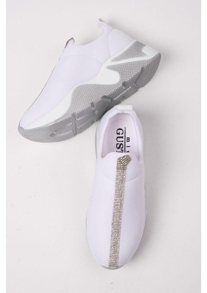 Beyaz Renk Taş Şeritli Kadın Günlük Sneaker Spor Ayakkabı