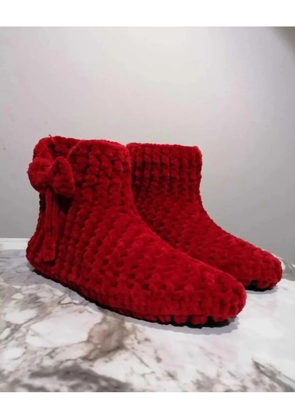 El Örgüsü Kadife Ip Kırmızı Kurdela Detaylı Ev Botu Panduf