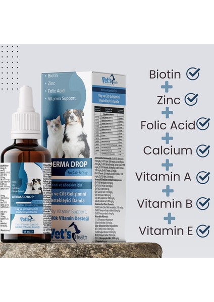 Vet’s Health Derma Drop Kedi ve Köpekler Için Tüy ve Cilt Gelişimini Destekleyici Damla 15ML
