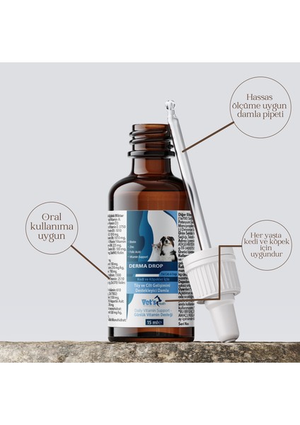 Vet’s Health Derma Drop Kedi ve Köpekler Için Tüy ve Cilt Gelişimini Destekleyici Damla 15ML