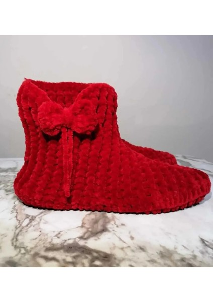 El Örgüsü Kadife Ip Kırmızı Kurdela Detaylı Ev Botu Panduf modelleri