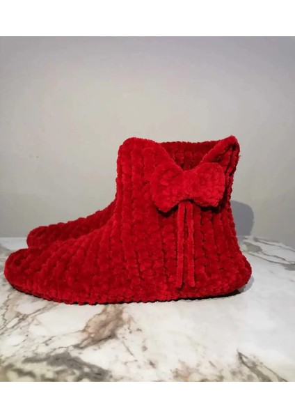 El Örgüsü Kadife Ip Kırmızı Kurdela Detaylı Ev Botu Panduf fırsatları