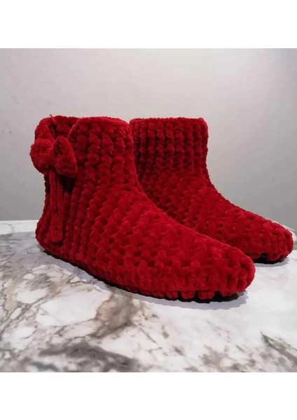 El Örgüsü Kadife Ip Kırmızı Kurdela Detaylı Ev Botu Panduf indirimleri