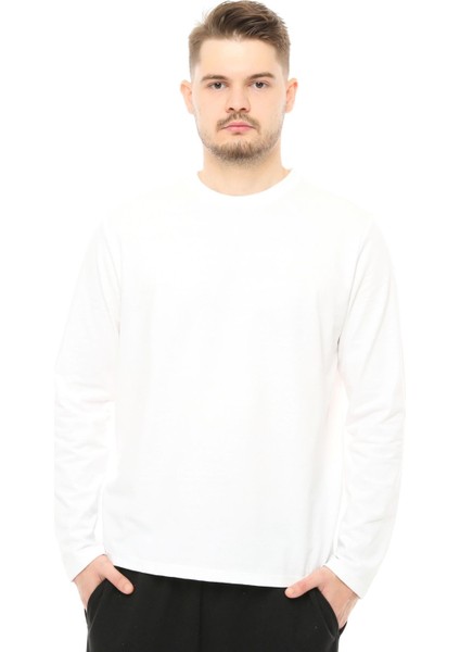 Erkek Bisiklet Yaka Uzun Kollu Regular Fit Basic Tişört Beyaz