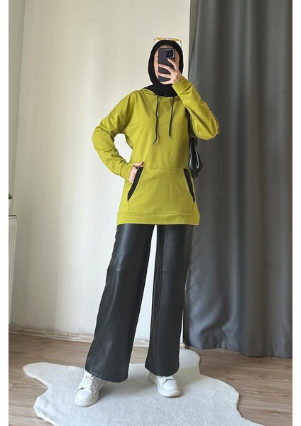 Kadın Çift Renk Garnili Sweat BRC1703 Olive Yeşili