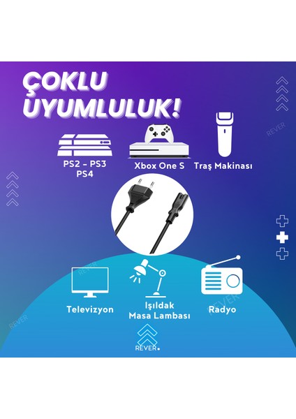 1.5mt Güç Kablosu PS2 / PS3 / PS4 / Xbox One S / Radyo / TV / Uyumlu Power Elektrik Kablosu