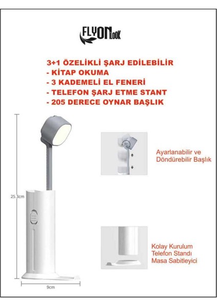 3+1 Şarjlı Kitap Okuma Lambası , Fener 3 Kademeli ,Acil durum Powerbank ve Telefon Tutucu Lamba
