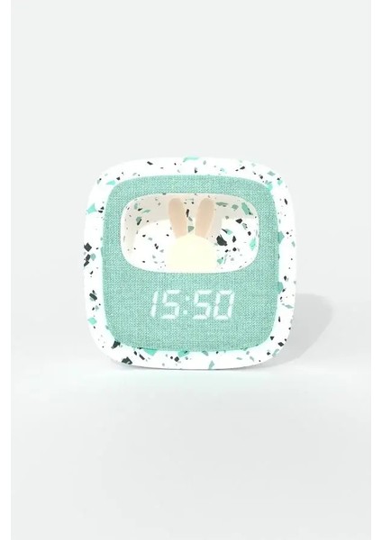 Turkuaz Terazzo Tavşan Masaüstü Saati ve Gece Lambası