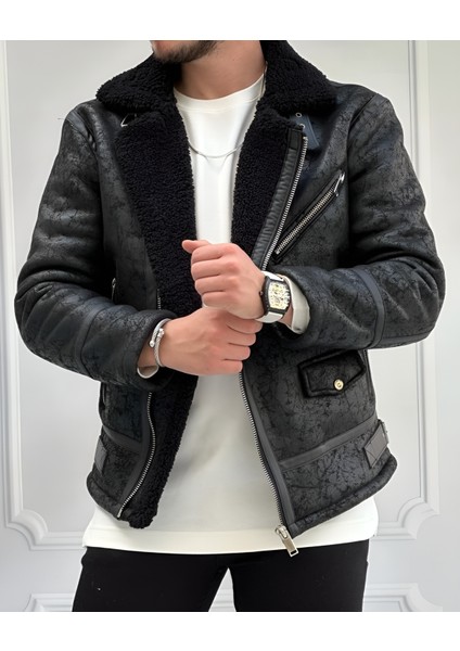 Erkek Siyah Napa Deri Ceket Içi Komple Kürklü Deri Mont