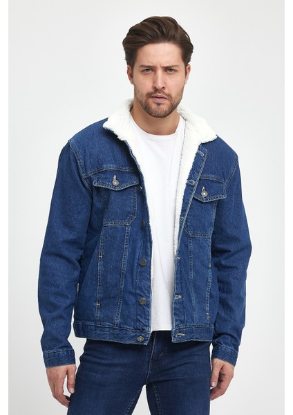 Erkek Içi Kürklü Düğmeli Kot Ceket Mavi