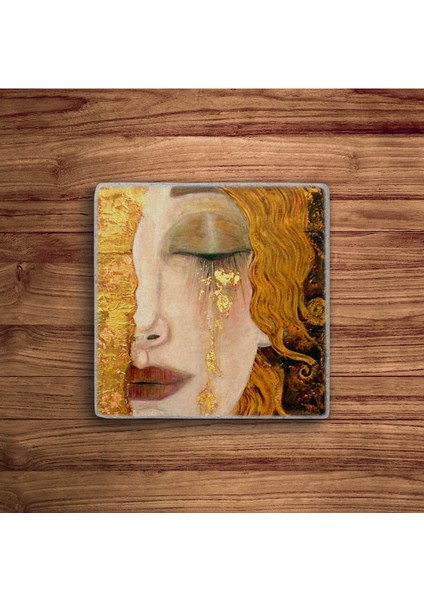 Gustav Klimt Tabloları Baskılı Doğal Taş Traverten Bardak Altlığı 4 Lü Set