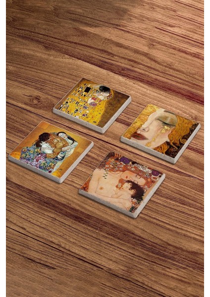 Gustav Klimt Tabloları Baskılı Doğal Taş Traverten Bardak Altlığı 4 Lü Set modelleri