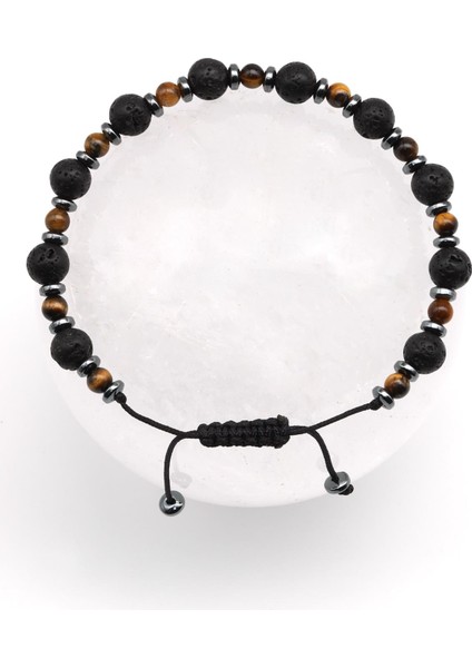 Kaplan Gözü - Lav - Hematit Doğal Taş Makrome Örme Bileklik