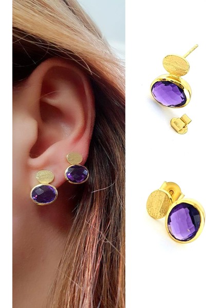 Ametist Taşlı 925AYAR Gümüş Üzerine Altın Kaplama Tasarım Doğal Taş Küpe