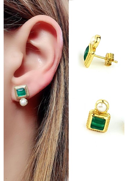 Inci ve Kök Zümrüt Taşlı 925AYAR Gümüş Üzerine Altın Kaplama Tasarım Doğal Taş Küpe