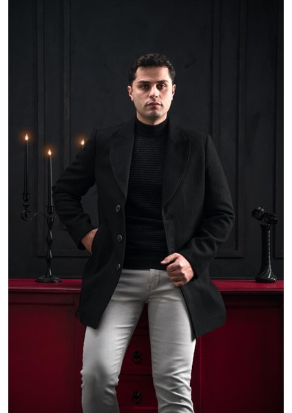 Slimfit Kırlangıç Yaka Düğme Kapamalı Erkek Kaşe Kaban