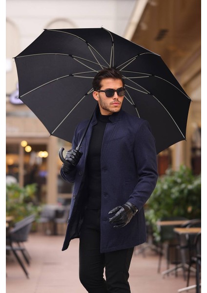 Erkek Siyah slim Fit dar kesim Kaşe Kaban Yeni Sezon