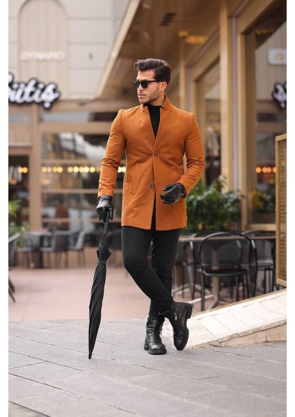 Erkek Siyah Regular Fit Kaşe Kaban Yeni Sezon