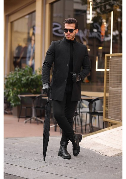 Erkek Siyah slim Fit Kaşe Kaban Yeni Sezon fiyatları