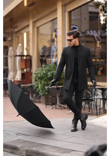 Erkek Siyah slim Fit Kaşe Kaban Yeni Sezon modelleri