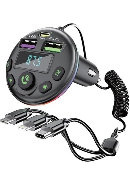 Bluetoot Fm Transmitter Fm Verici Dijital Göstergeli 36W Pd Giriş Şarj Özellikli Microsd Kart Girişi Micro Type-C Lightining Kablolu…
