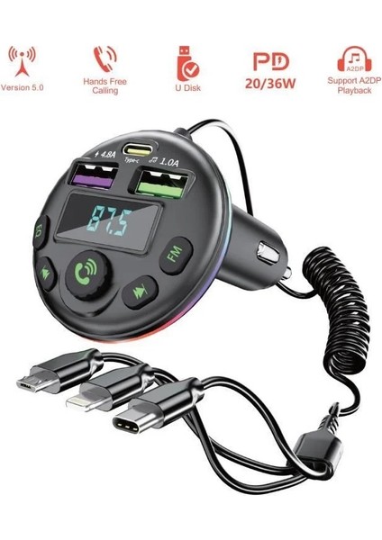 Bluetoot Fm Transmitter Fm Verici Dijital Göstergeli 36W Pd Giriş Şarj Özellikli Microsd Kart Girişi Micro Type-C Lightining Kablolu…