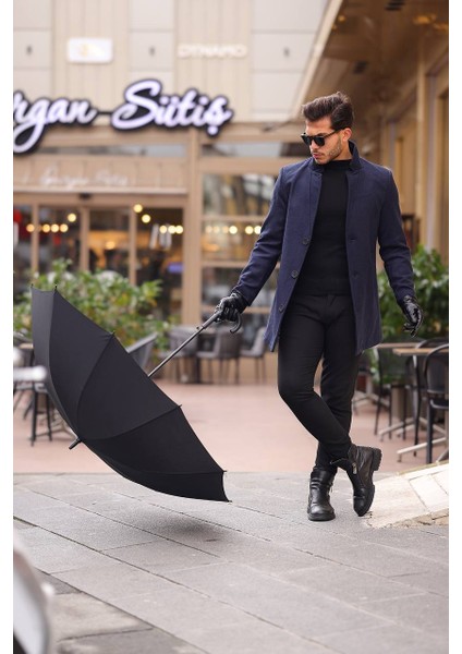 Erkek Siyah Regular Fit Kaşe Kaban Yeni Sezon