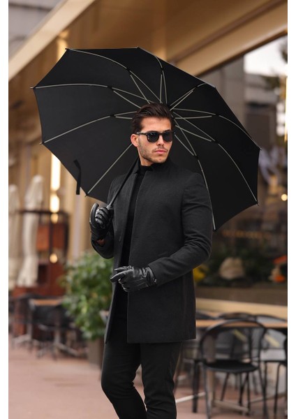 Erkek Siyah Regular Fit Kaşe Kaban Yeni Sezon