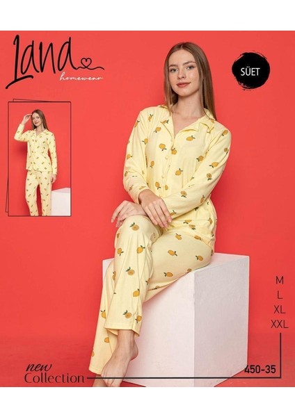 Lana Bayan Uzun Kol Süet Pijama Takım 450-30 Sarı