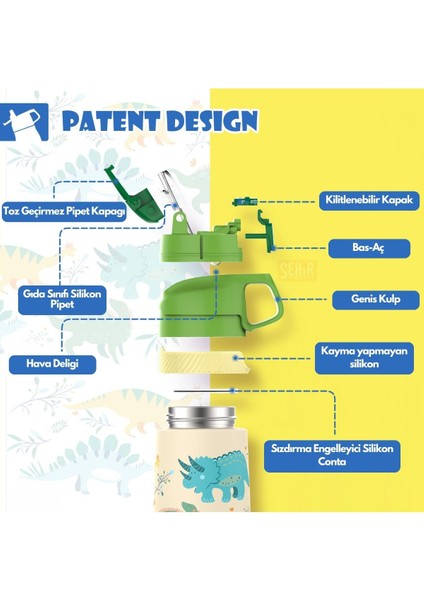 350ML Pipetli Desenli Kulplu 6 Saat Sıcak 12 Saat Soğuk Çelik Termos Matarası