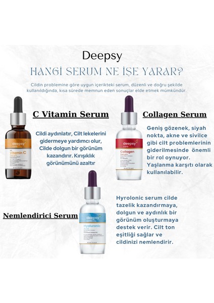 Deepsy Care 3'lü Cilt Bakım Serum Seti ( Hyaluronic Acid + C Vitamini + Collagen Serum