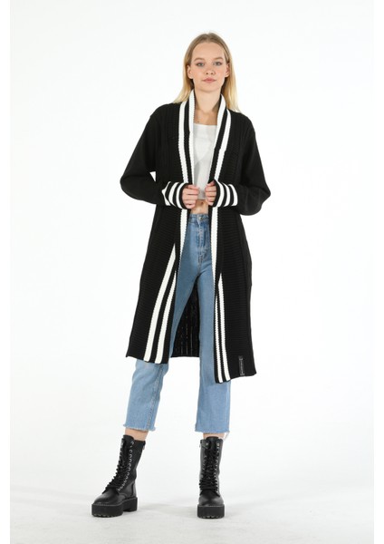 Kadın Fashion Tarz Da Giyim Çizgili Bantlı Saç Örğülü Spor Uzun Triko Hırka