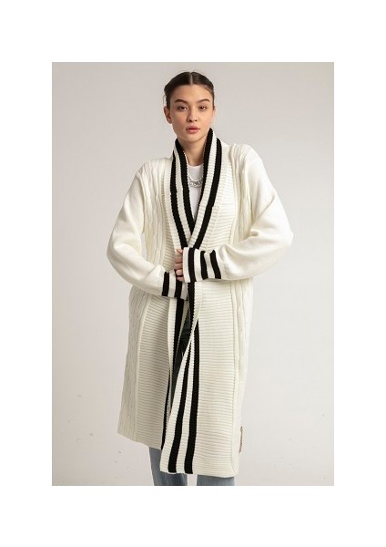 Kadın Fashion Tarz Da Giyim Çizgili Bantlı Saç Örğülü Spor Uzun Triko Hırka