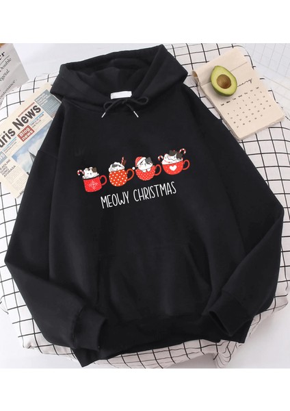 Kedi Tasarımlı Meow Christmas Kapşonlu Sweatshirt