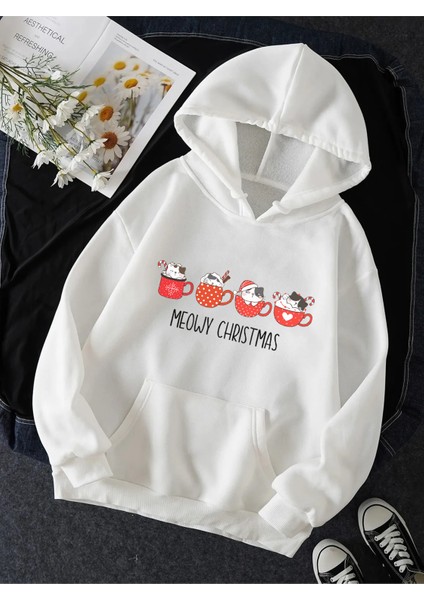 Kedi Tasarımlı Meow Christmas Kapşonlu Sweatshirt fiyatları