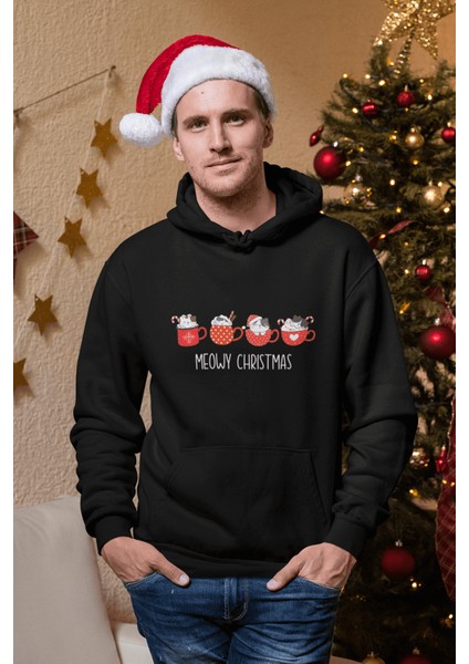 Kedi Tasarımlı Meow Christmas Kapşonlu Sweatshirt modelleri