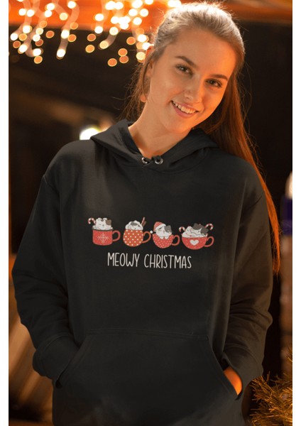 Kedi Tasarımlı Meow Christmas Kapşonlu Sweatshirt fırsatları