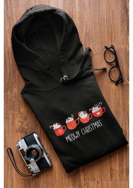 Kedi Tasarımlı Meow Christmas Kapşonlu Sweatshirt indirimleri