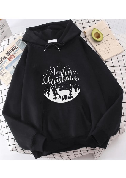 Marry Christmas Geyikli Kapşonlu Sweatshirt