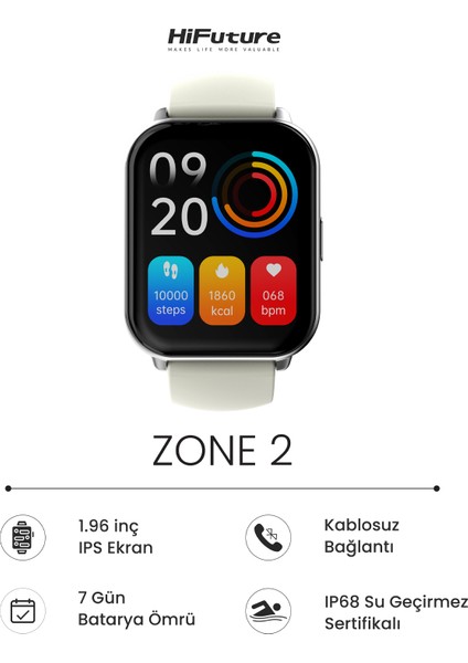 FutureFit Zone2 Bluetooth 5.2 IP68 Su Geçirmez 1.96 inç Arama Özellikli iOS&Android Uyumlu Nabız Spor Kan Oksijen Takibi 50mm Akıllı Saat Uzay Grisi