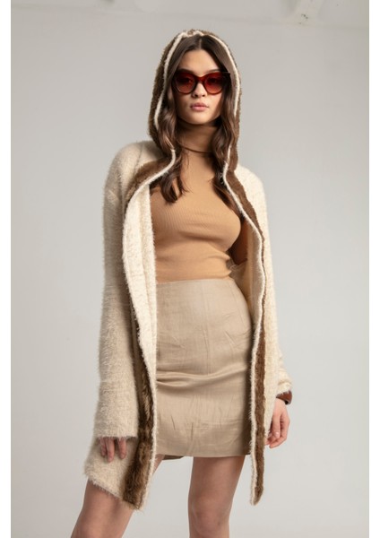 Fashıon Tarzda Tüylü Kapişonlu Önde Peluşlu Spor Modern Triko Hırka